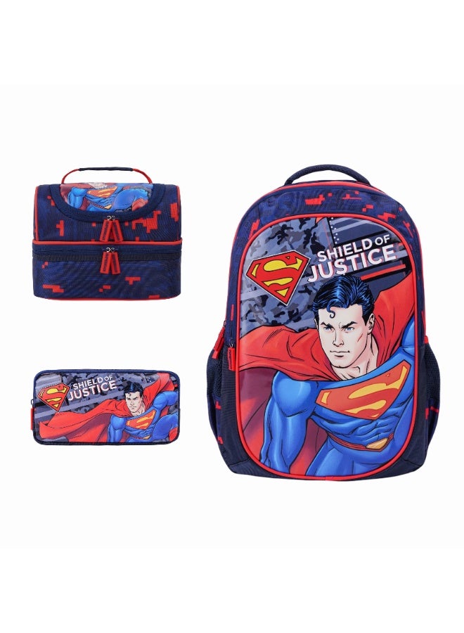 SUPERMAN طقم المدرسة للأطفال من سوبرمان 3 قطع – حقيبة ظهر، حقيبة غداء وعلبة أقلام | تصميم درع العدالة | مرخص رسميًا - Image 1